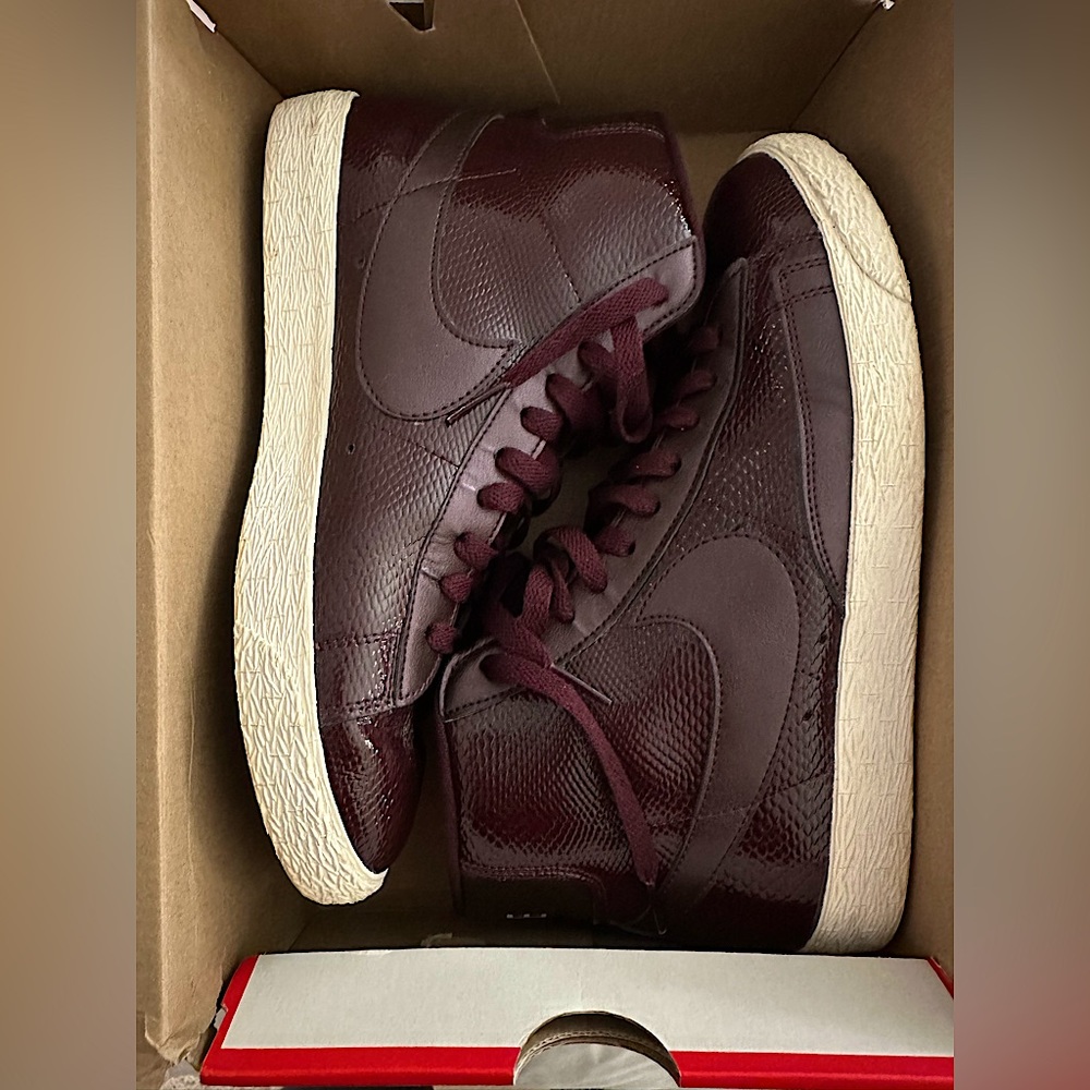 Limited edition, burgundy, Nike patent leather high tops. Barely worn.